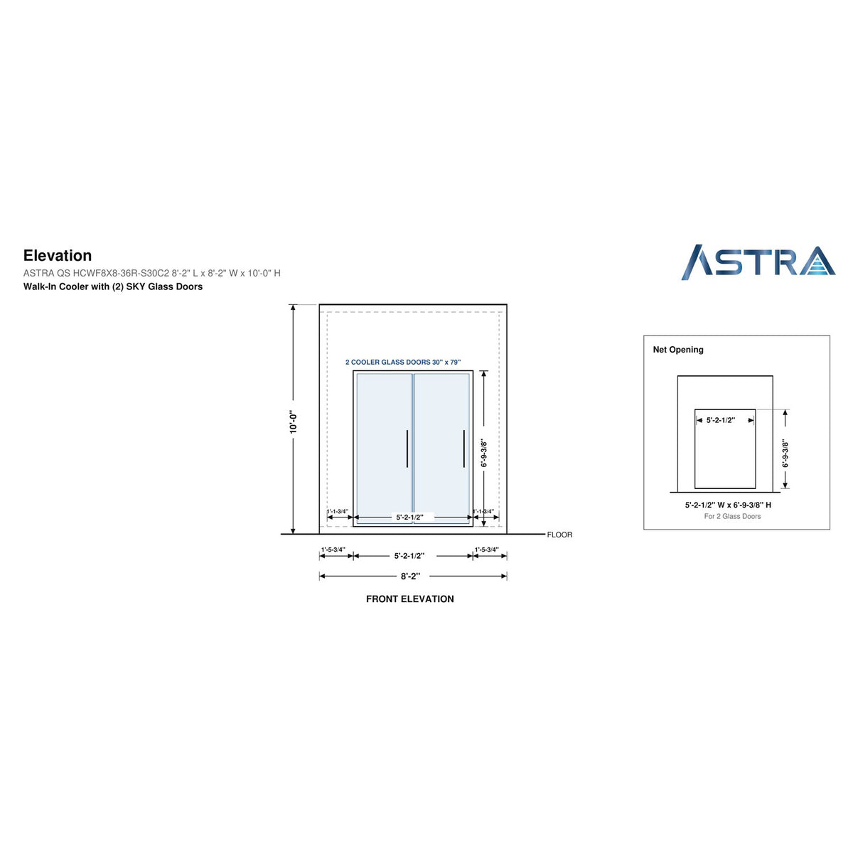 Astra HCWF8X8-S30C2 walk-in cooler with floor with 2 glass doors, front elevation drawing with glass door net opening