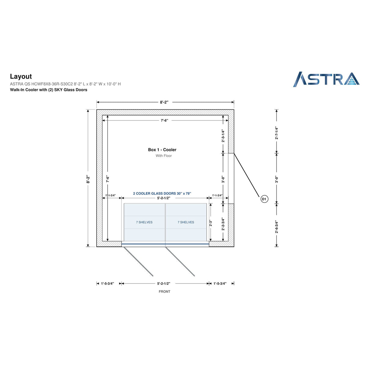 Astra HCWF8X8-S30C2 walk-in cooler with floor with 2 glass doors, floor plan layout drawing with glass door shelving