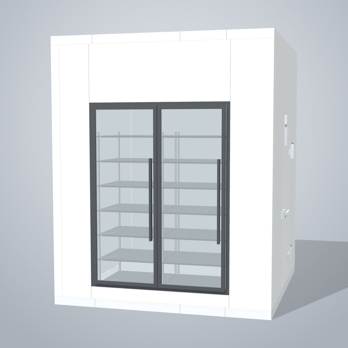 Astra HCWF8X8-S30C2-RM 8' x 8' Walk-In Cooler with Floor, 2 Glass Doors, front 3D view of the glass door wall