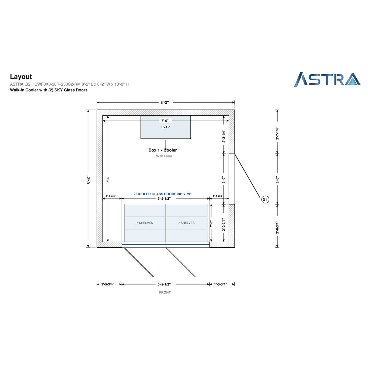 Astra HCWF8X8-S30C2-RM walk-in cooler with floor with 2 glass doors and remote refrigeration, floor plan layout drawing with glass door shelving