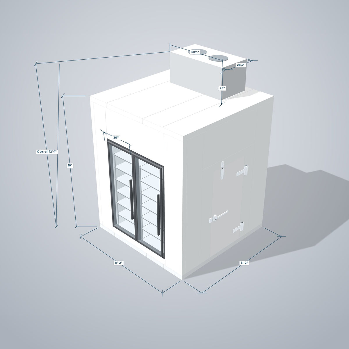 Astra HCWF8X8-S30C2-TM walk-in cooler with floor with 2 glass doors and top mount refrigeration, 3D view with outside dimensions