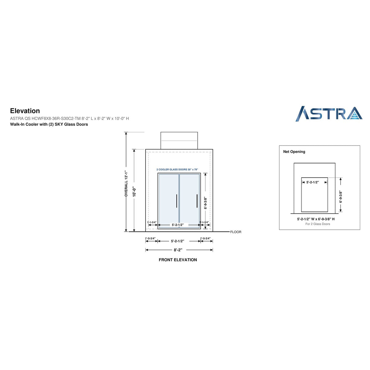 Astra HCWF8X8-S30C2-TM walk-in cooler with floor with 2 glass doors and top mount refrigeration, front elevation drawing with glass door net opening