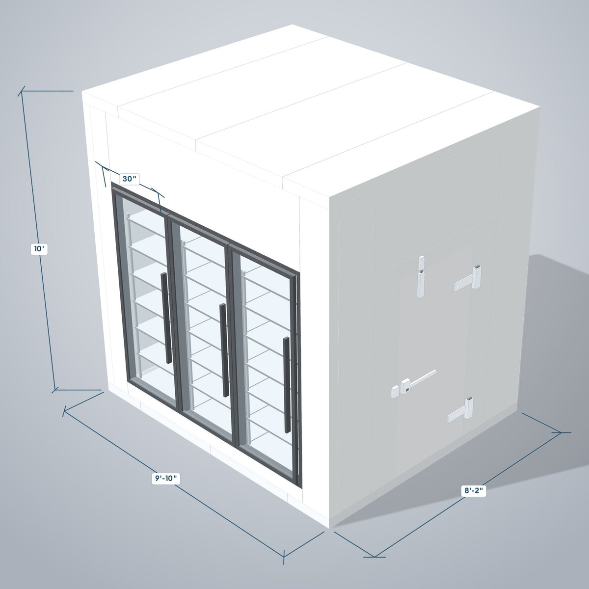 Astra HFWF8X10-S30F3-RM 8' x 10' Walk-In Freezer with Floor, 3 Glass Doors, 3D view with outside dimensions