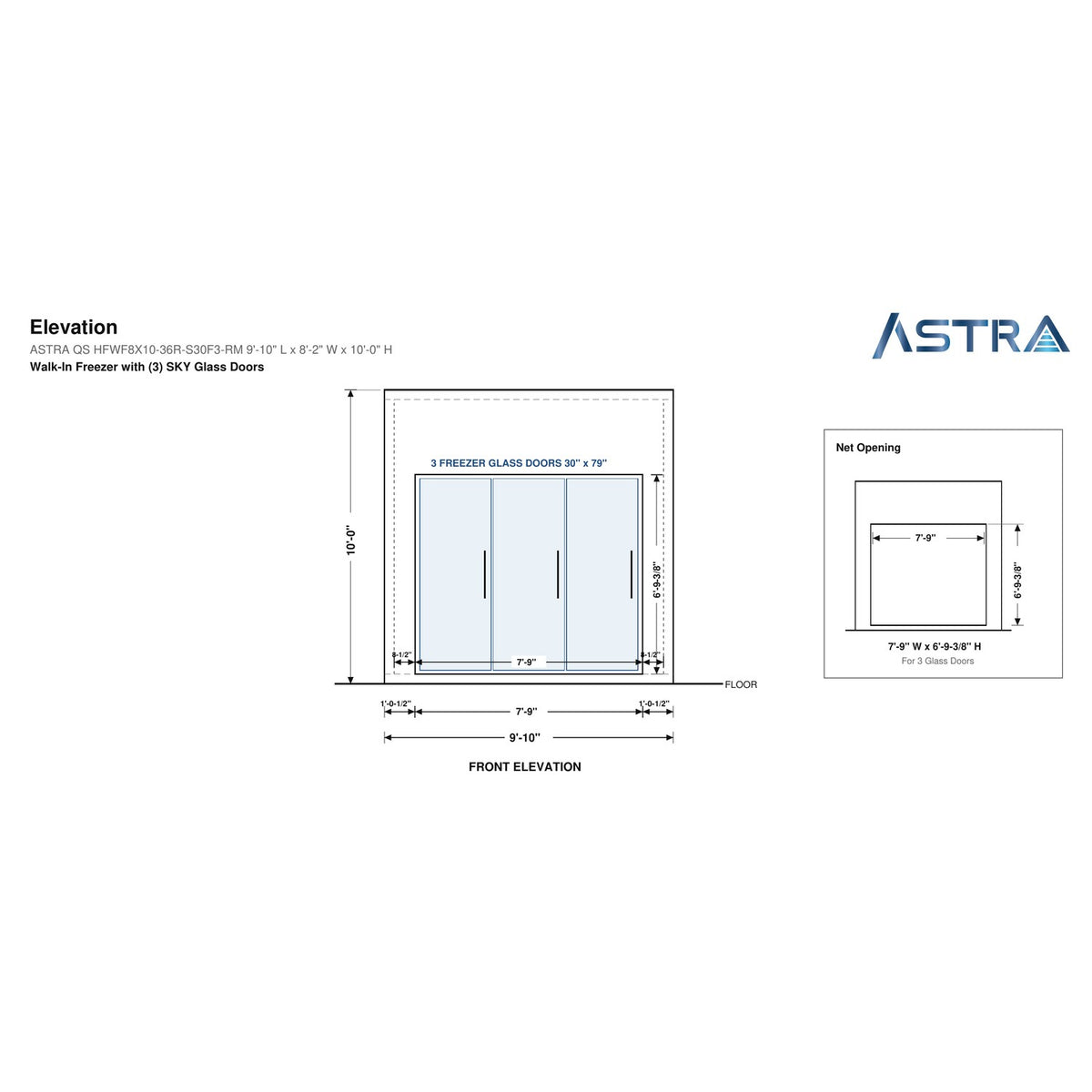Astra HFWF8X10-S30F3-RM 8' x 10' Walk-In Freezer with Floor, 3 Glass Doors, front elevation drawing with glass door net opening