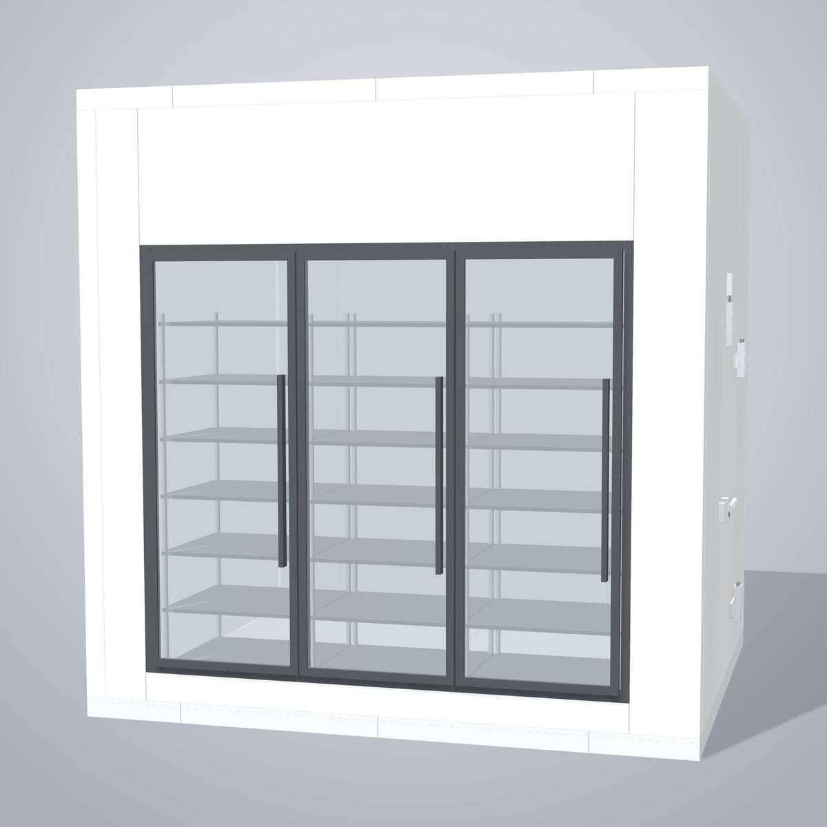 Astra HFWF8X10-S30F3-RM 8' x 10' Walk-In Freezer with Floor, 3 Glass Doors, front 3D view of the glass door wall