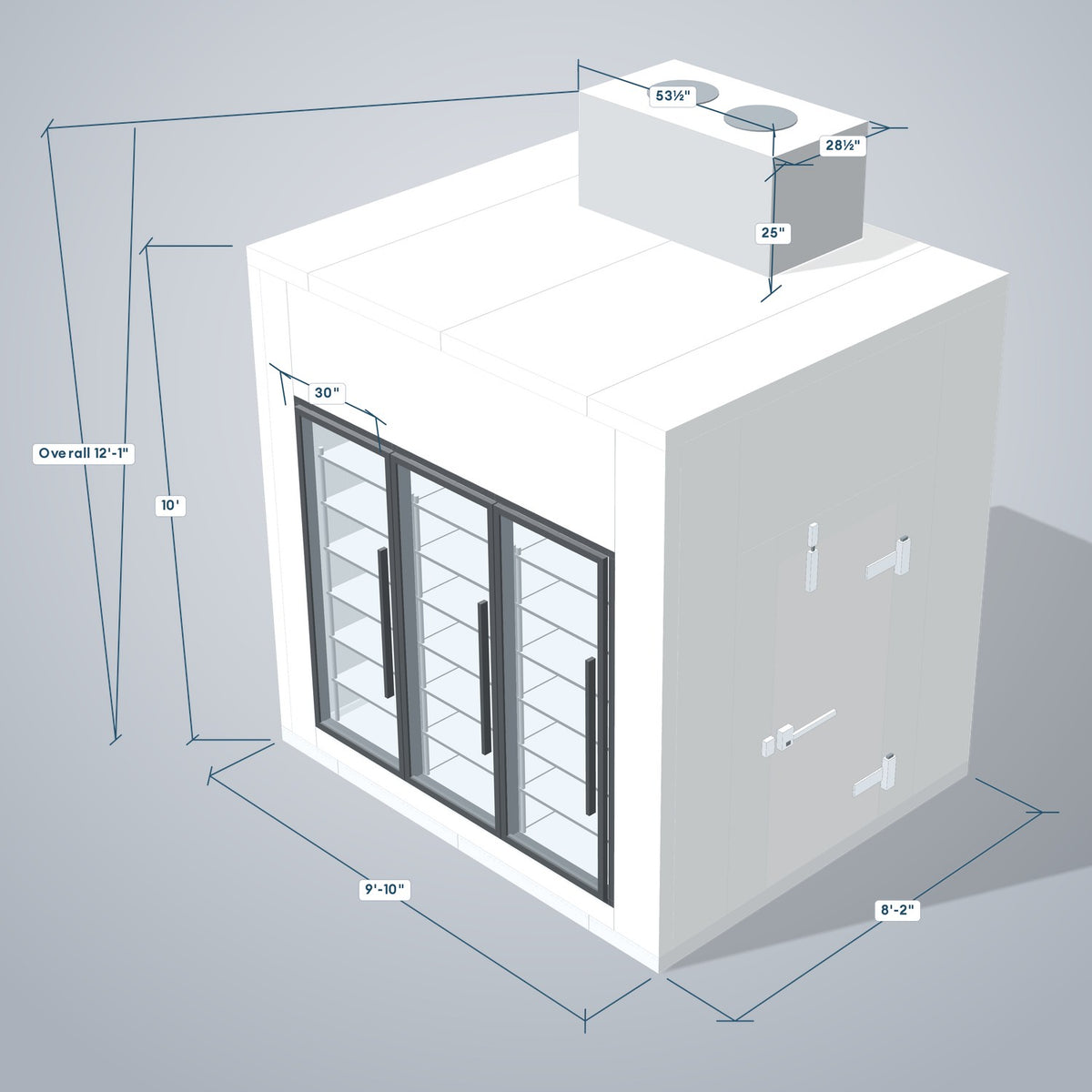 Astra HFWF8X10-S30F3-TM 8' x 10' Walk-In Freezer with Floor, 3 Glass Doors, 3D view with outside dimensions
