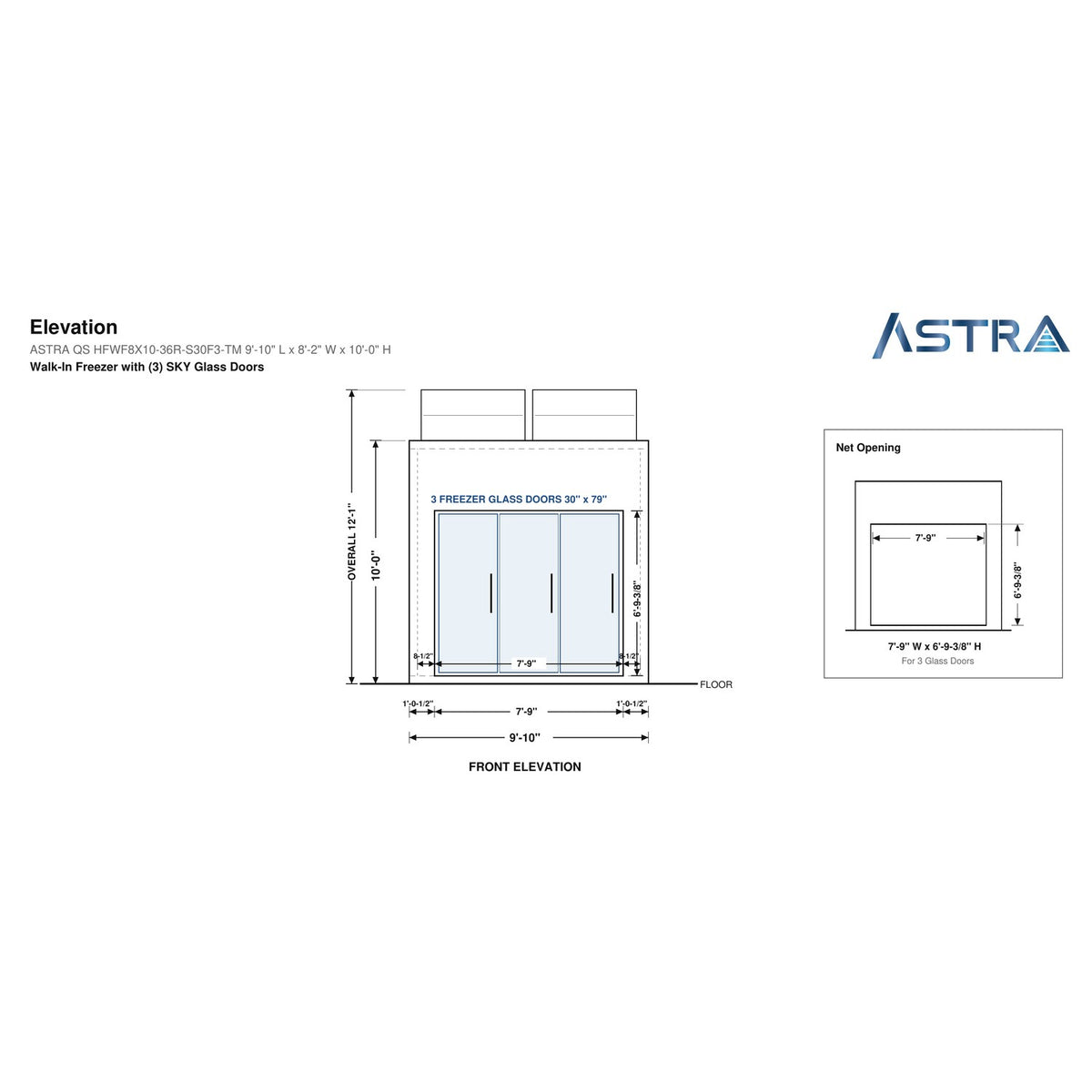 Astra HFWF8X10-S30F3-TM 8' x 10' Walk-In Freezer with Floor, 3 Glass Doors, front elevation drawing with glass door net opening