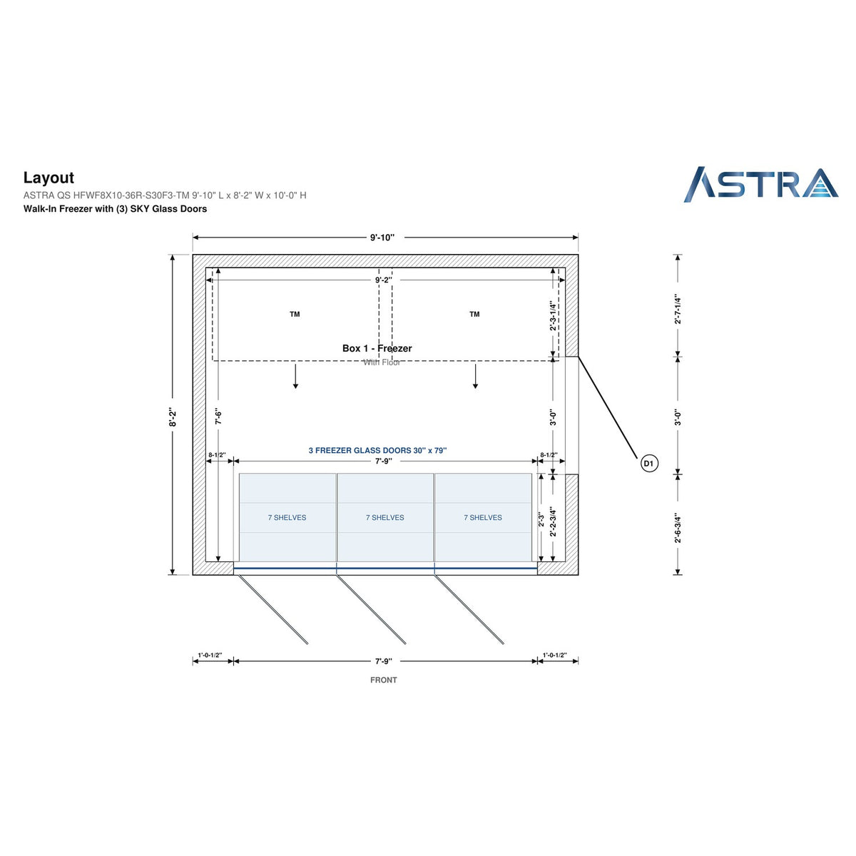 Astra HFWF8X10-S30F3-TM 8' x 10' Walk-In Freezer with Floor, 3 Glass Doors, floor plan layout drawing with glass door shelving