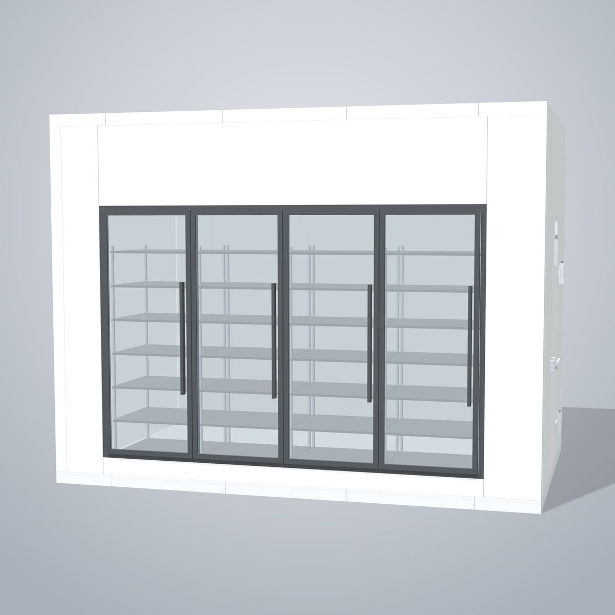 Astra HFWF8X13-S30F4 8' x 13' Walk-In Freezer with Floor, 4 Glass Doors, front 3D view of the glass door wall