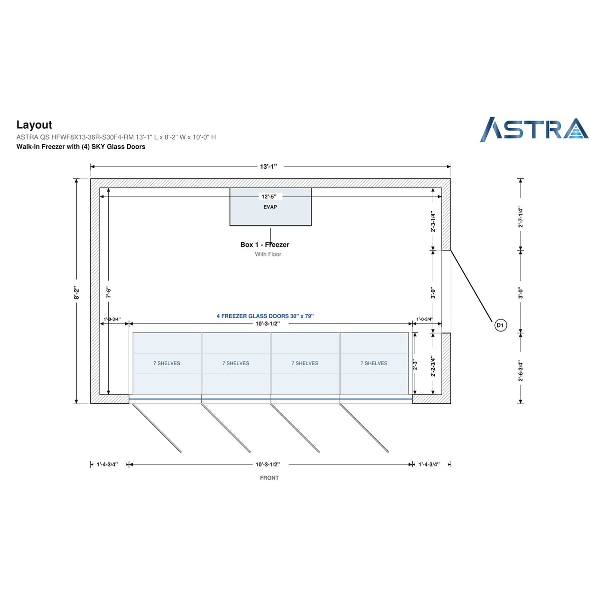 Astra HFWF8X13-S30F4-RM 8' x 13' Walk-In Freezer with Floor, 4 Glass Doors, floor plan layout drawing with glass door shelving