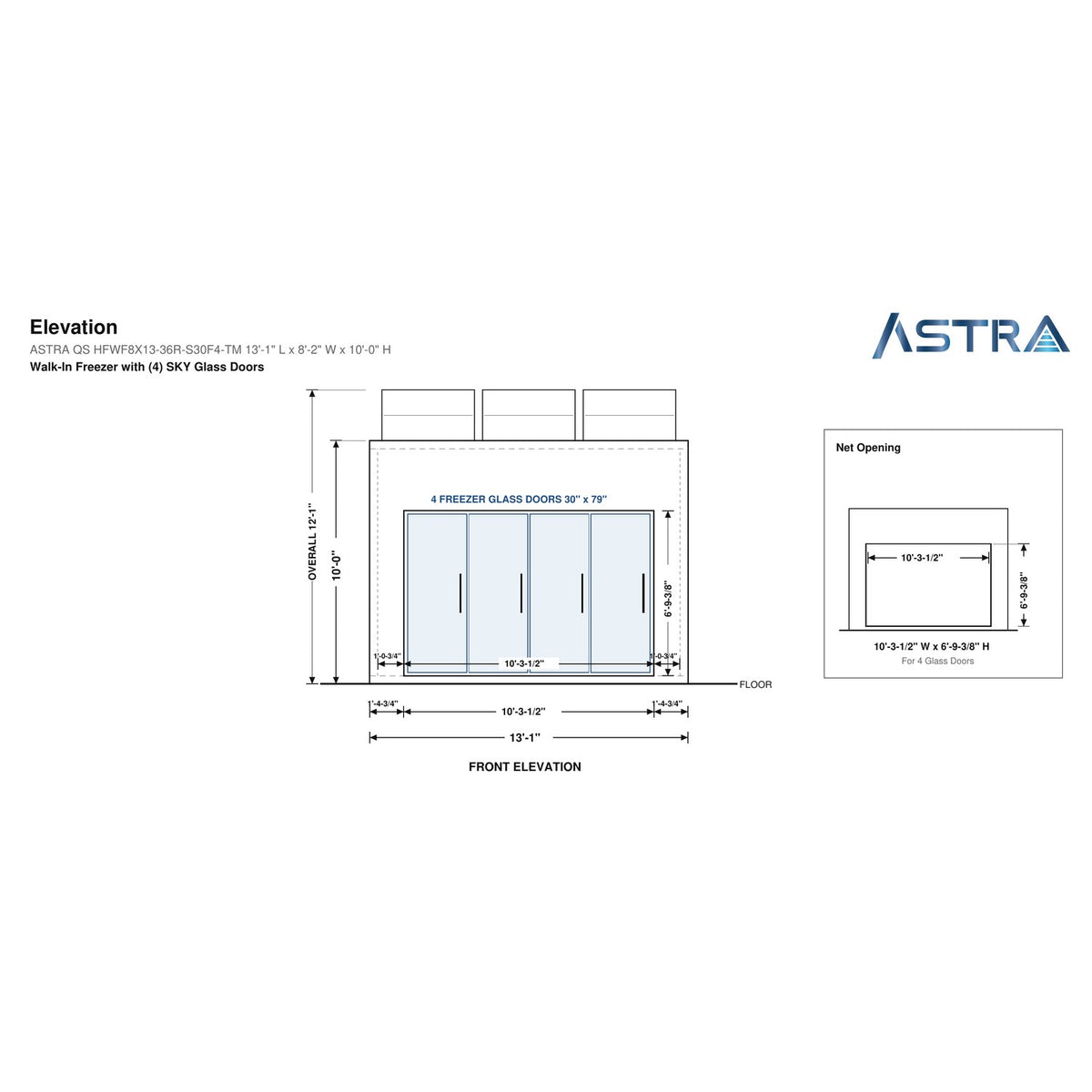 Astra HFWF8X13-S30F4-TM 8' x 13' Walk-In Freezer with Floor, 4 Glass Doors, front elevation drawing with glass door net opening