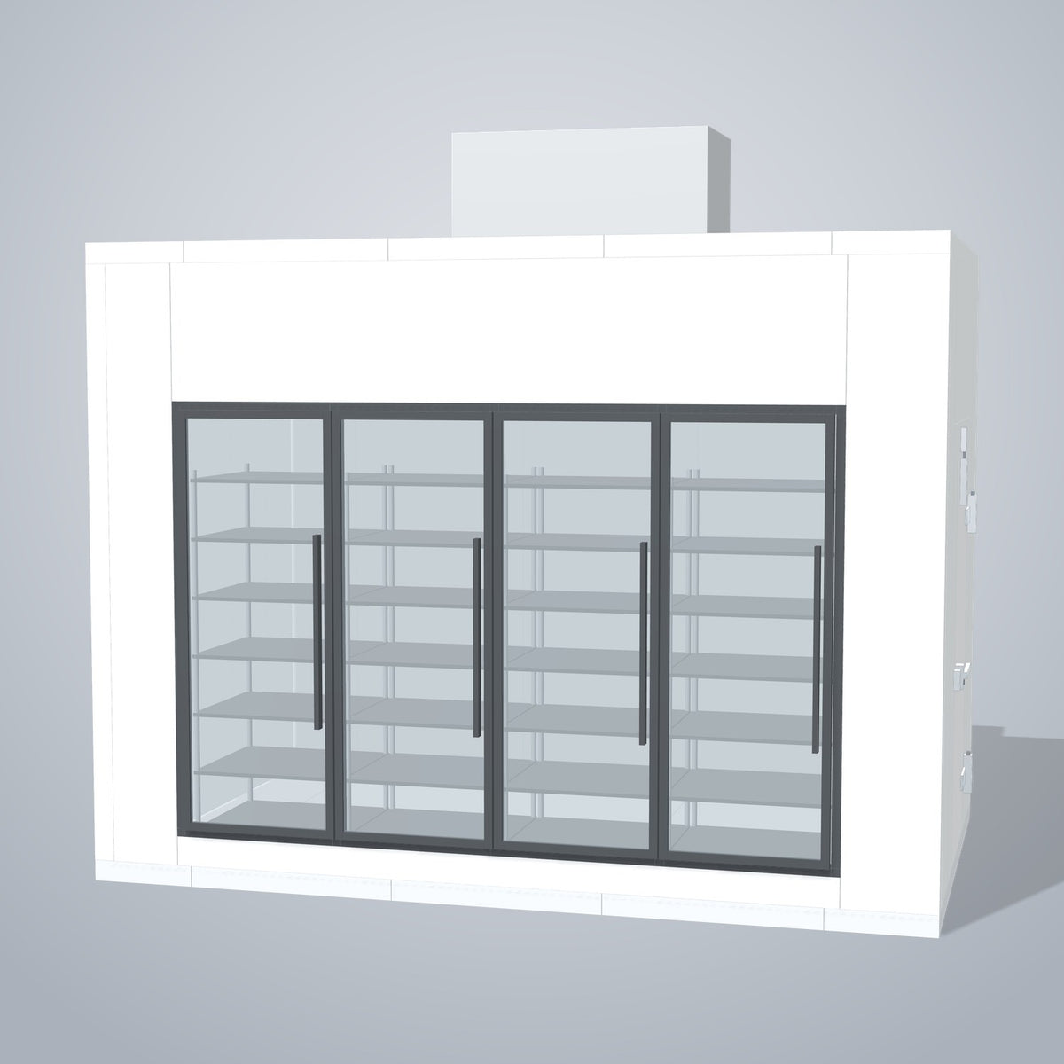 Astra HFWF8X13-S30F4-TM 8' x 13' Walk-In Freezer with Floor, 4 Glass Doors, front 3D view of the glass door wall
