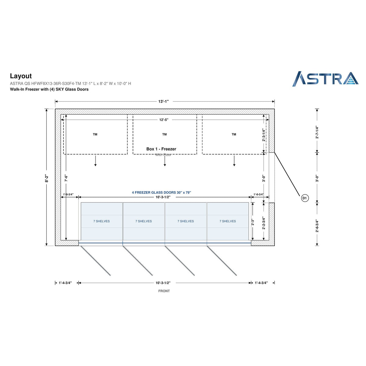 Astra HFWF8X13-S30F4-TM 8' x 13' Walk-In Freezer with Floor, 4 Glass Doors, floor plan layout drawing with glass door shelving