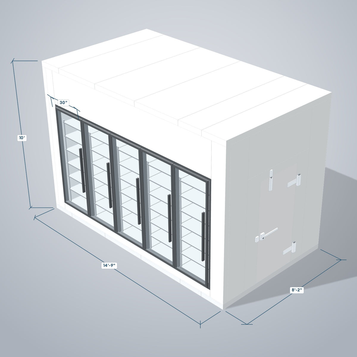 Astra HFWF8X15-S30F5 8' x 15' Walk-In Freezer with Floor, 5 Glass Doors, 3D view with outside dimensions