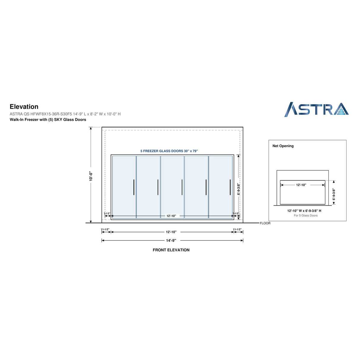 Astra HFWF8X15-S30F5 8' x 15' Walk-In Freezer with Floor, 5 Glass Doors, front elevation drawing with glass door net opening