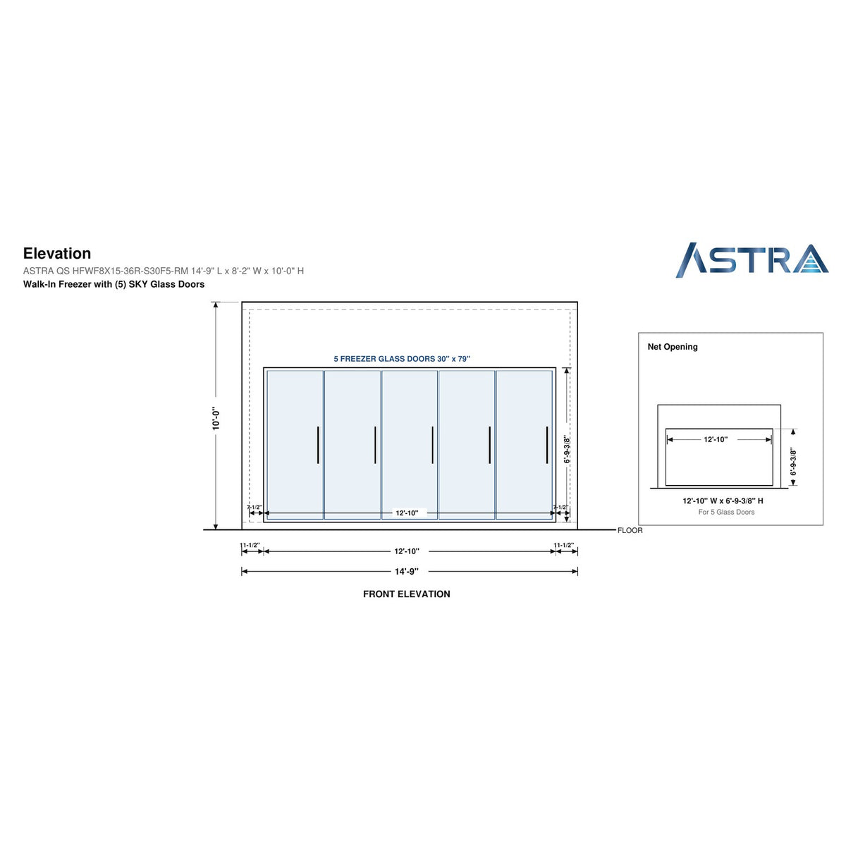 Astra HFWF8X15-S30F5-RM 8' x 15' Walk-In Freezer with Floor, 5 Glass Doors, front elevation drawing with glass door net opening