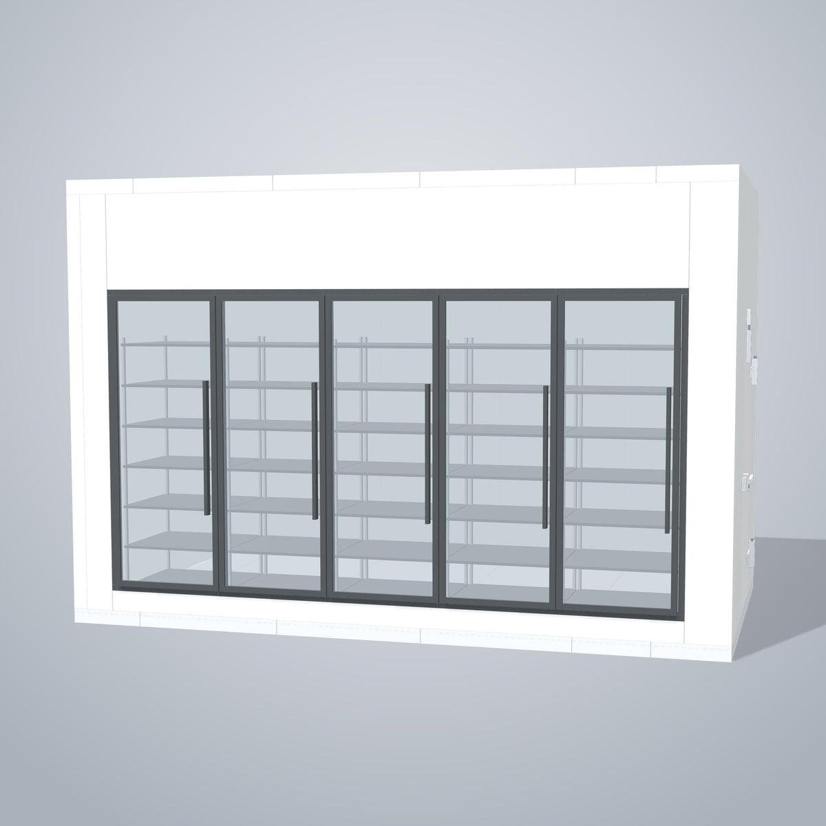 Astra HFWF8X15-S30F5-RM 8' x 15' Walk-In Freezer with Floor, 5 Glass Doors, front 3D view of the glass door wall