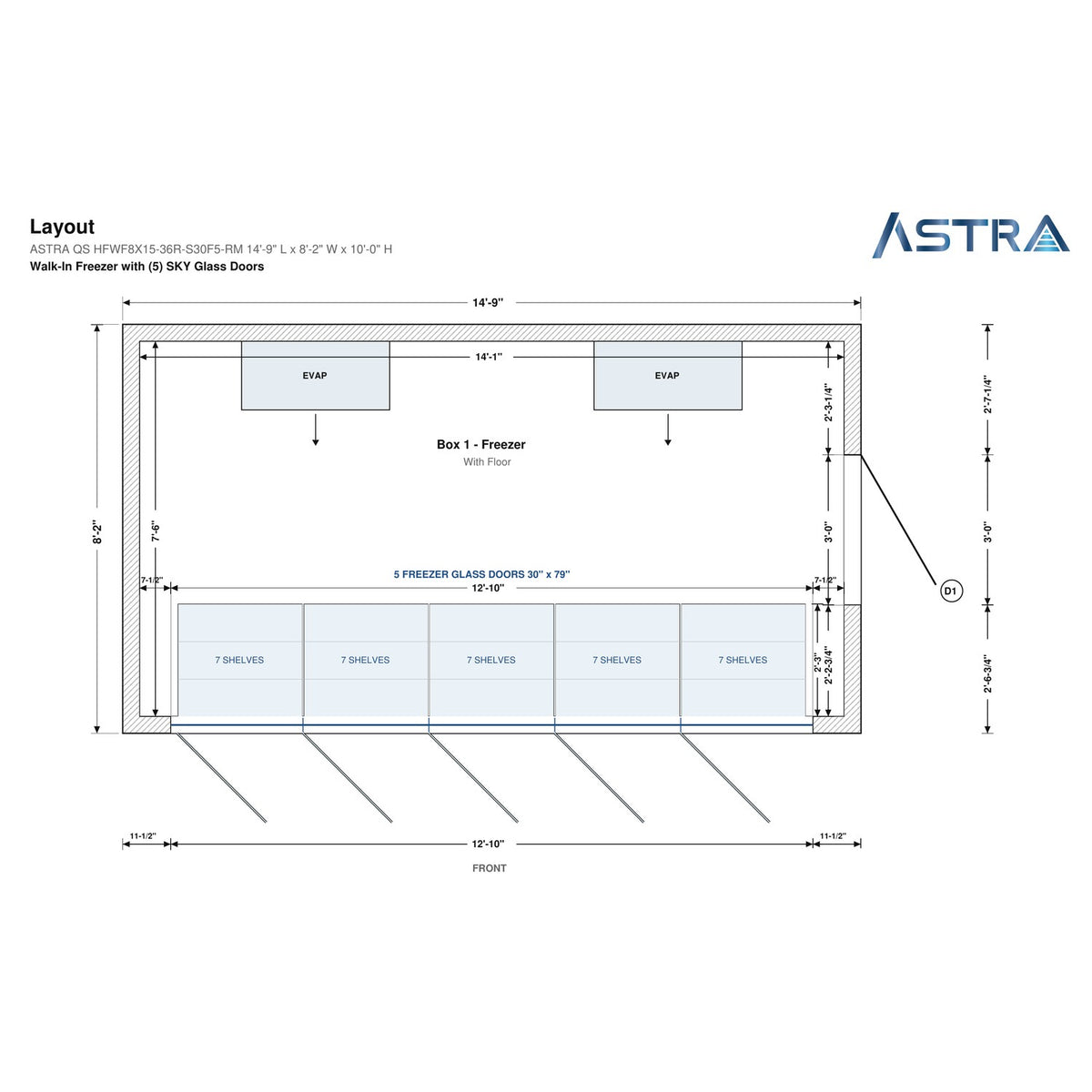 Astra HFWF8X15-S30F5-RM 8' x 15' Walk-In Freezer with Floor, 5 Glass Doors, floor plan layout drawing with glass door shelving