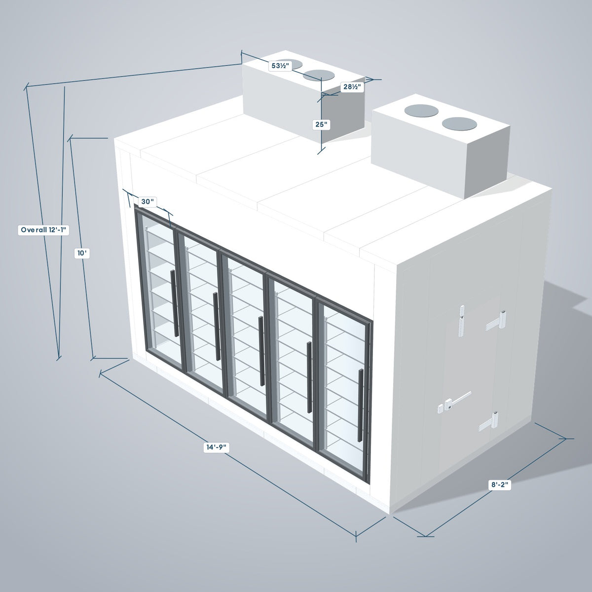 Astra HFWF8X15-S30F5-TM 8' x 15' Walk-In Freezer with Floor, 5 Glass Doors, 3D view with outside dimensions