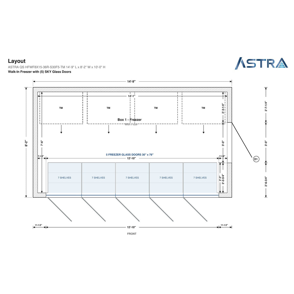 Astra HFWF8X15-S30F5-TM 8' x 15' Walk-In Freezer with Floor, 5 Glass Doors, floor plan layout drawing with glass door shelving