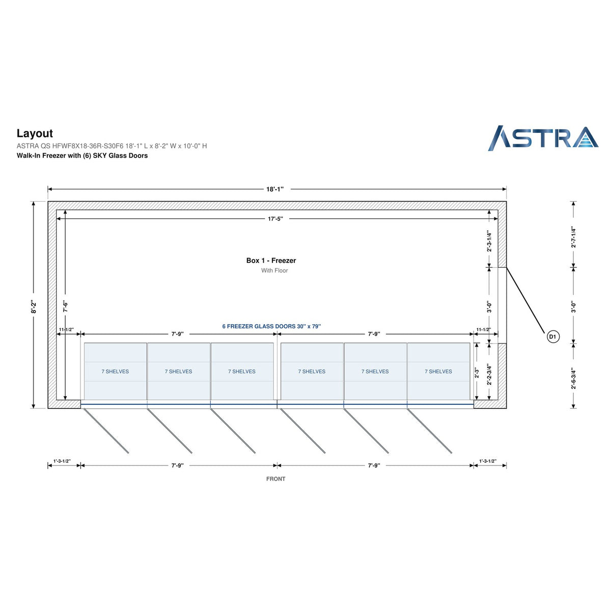 Astra HFWF8X18-S30F6 8' x 18' Walk-In Freezer with Floor, 6 Glass Doors, floor plan layout drawing with glass door shelving