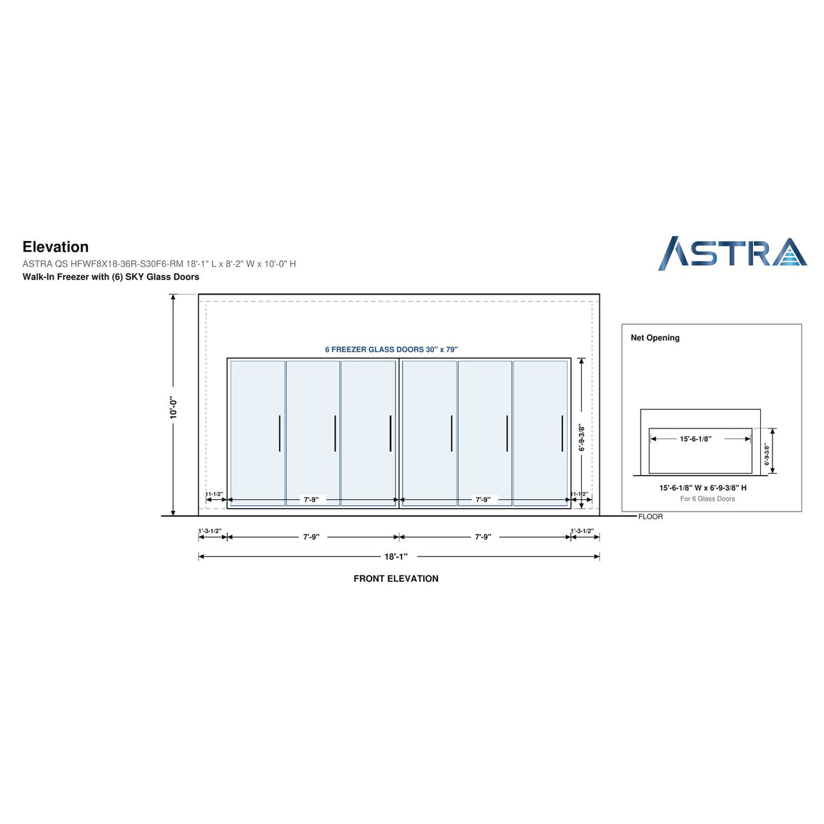 Astra HFWF8X18-S30F6-RM 8' x 18' Walk-In Freezer with Floor, 6 Glass Doors, front elevation drawing with glass door net opening
