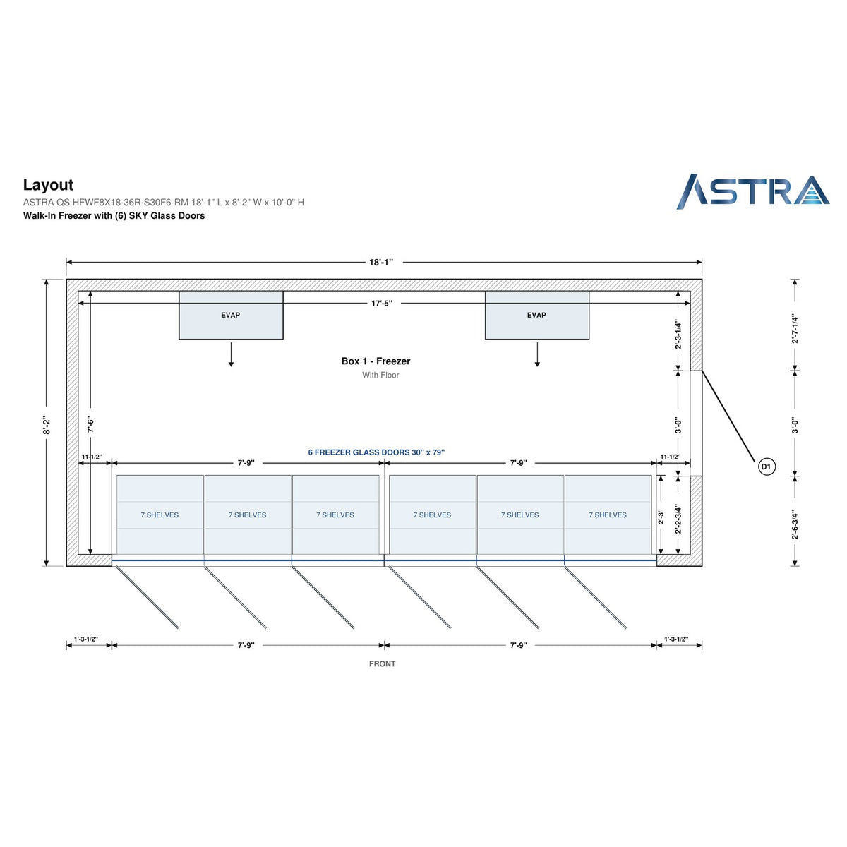 Astra HFWF8X18-S30F6-RM 8' x 18' Walk-In Freezer with Floor, 6 Glass Doors, floor plan layout drawing with glass door shelving
