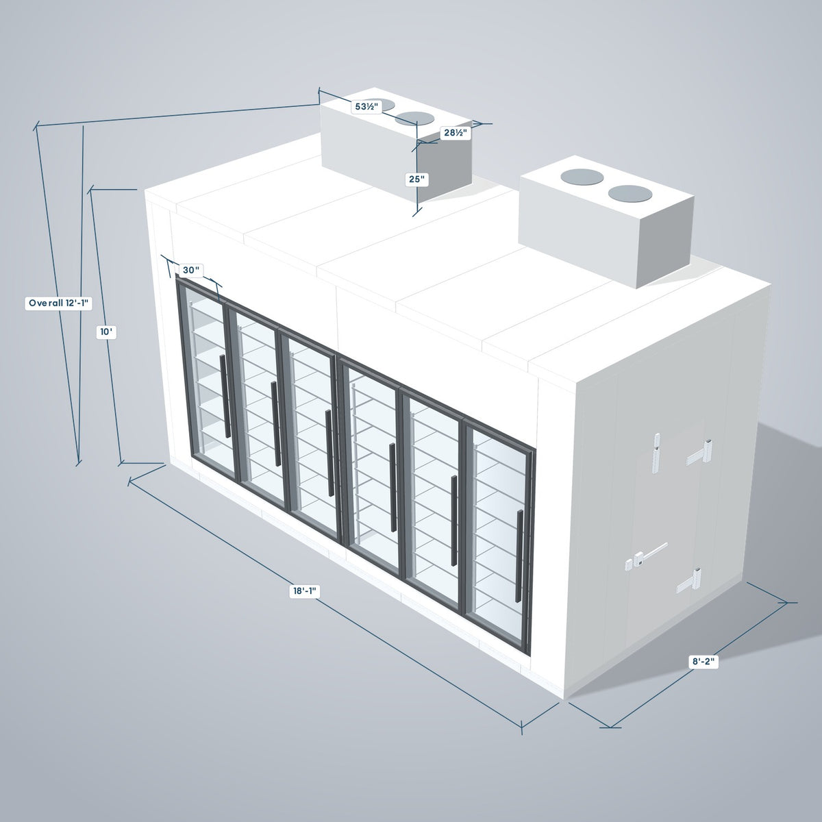 Astra HFWF8X18-S30F6-TM 8' x 18' Walk-In Freezer with Floor, 6 Glass Doors, 3D view with outside dimensions