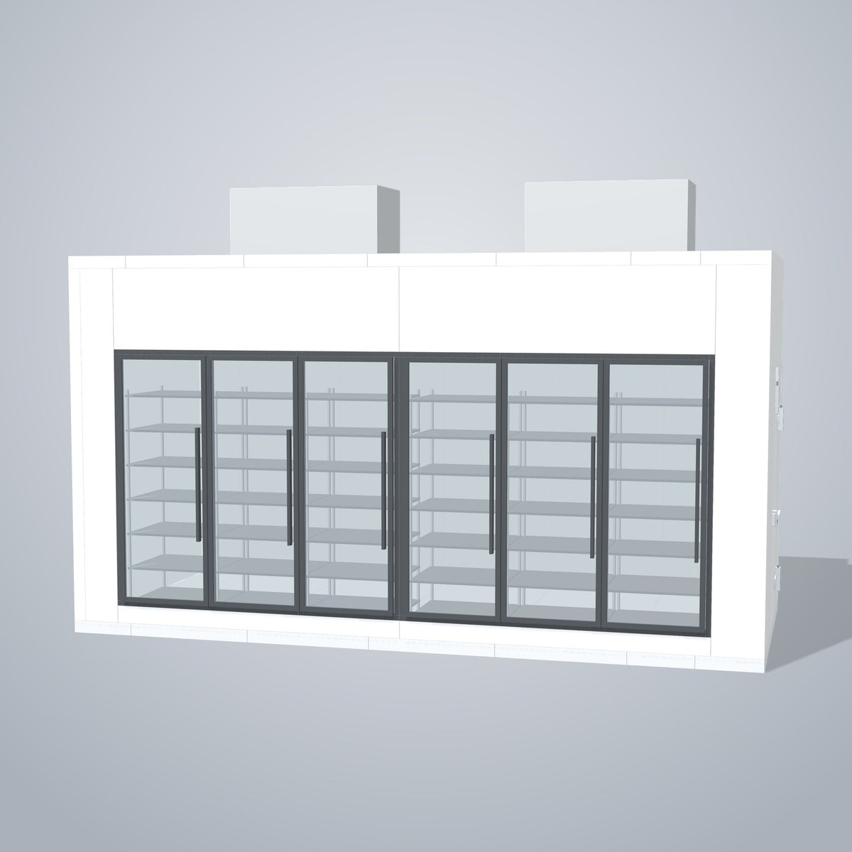 Astra HFWF8X18-S30F6-TM 8' x 18' Walk-In Freezer with Floor, 6 Glass Doors, front 3D view of the glass door wall