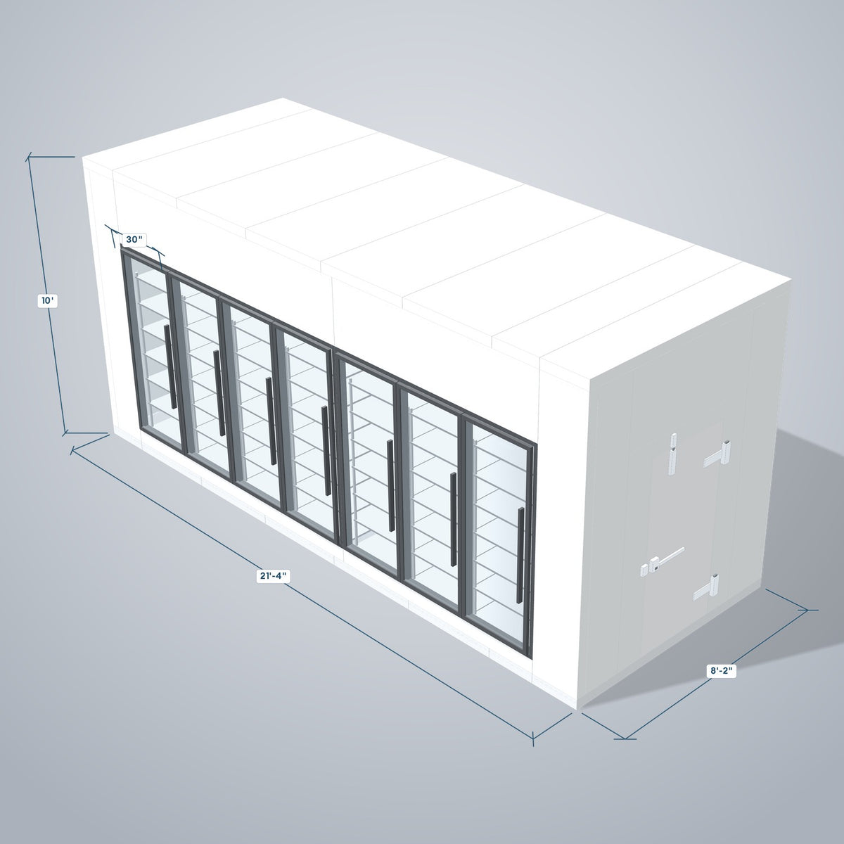 Astra HFWF8X21-S30F7-RM 8' x 21' Walk-In Freezer with Floor, 7 Glass Doors, 3D view with outside dimensions