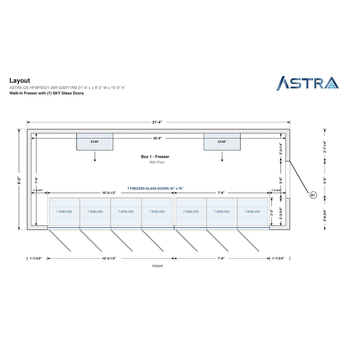 Astra HFWF8X21-S30F7-RM 8' x 21' Walk-In Freezer with Floor, 7 Glass Doors, floor plan layout drawing with glass door shelving