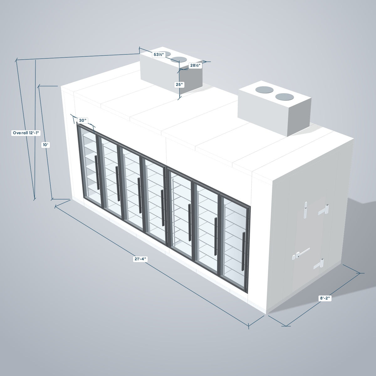 Astra HFWF8X21-S30F7-TM 8' x 21' Walk-In Freezer with Floor, 7 Glass Doors, 3D view with outside dimensions