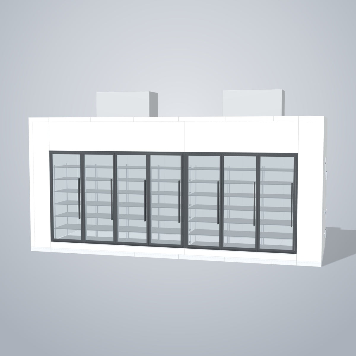 Astra HFWF8X21-S30F7-TM 8' x 21' Walk-In Freezer with Floor, 7 Glass Doors, front 3D view of the glass door wall