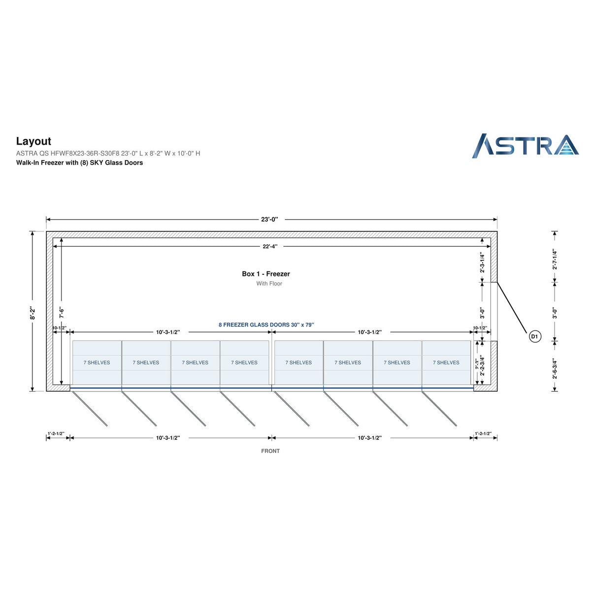 Astra HFWF8X23-S30F8 8' x 23' Walk-In Freezer with Floor, 8 Glass Doors, floor plan layout drawing with glass door shelving