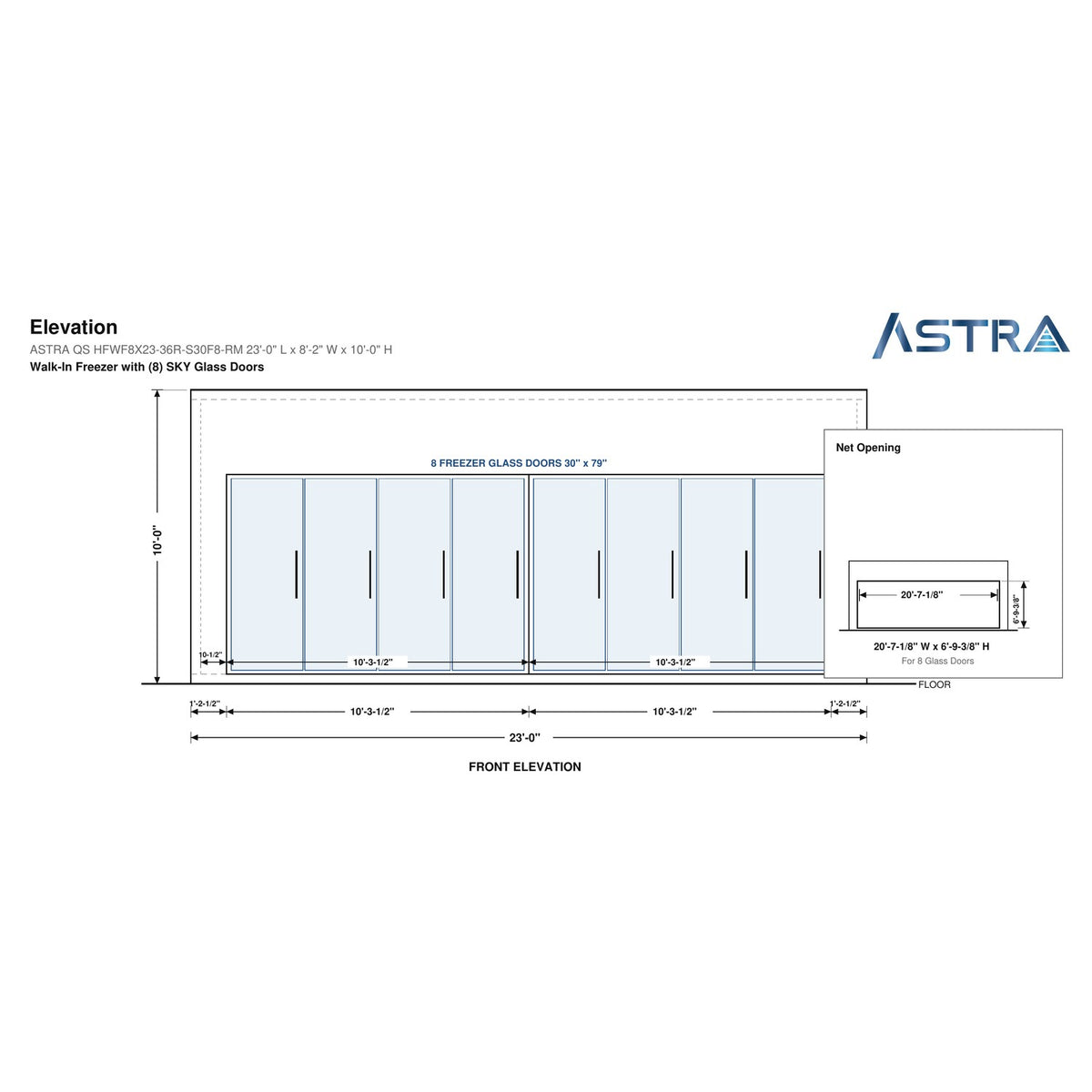 Astra HFWF8X23-S30F8-RM 8' x 23' Walk-In Freezer with Floor, 8 Glass Doors, front elevation drawing with glass door net opening
