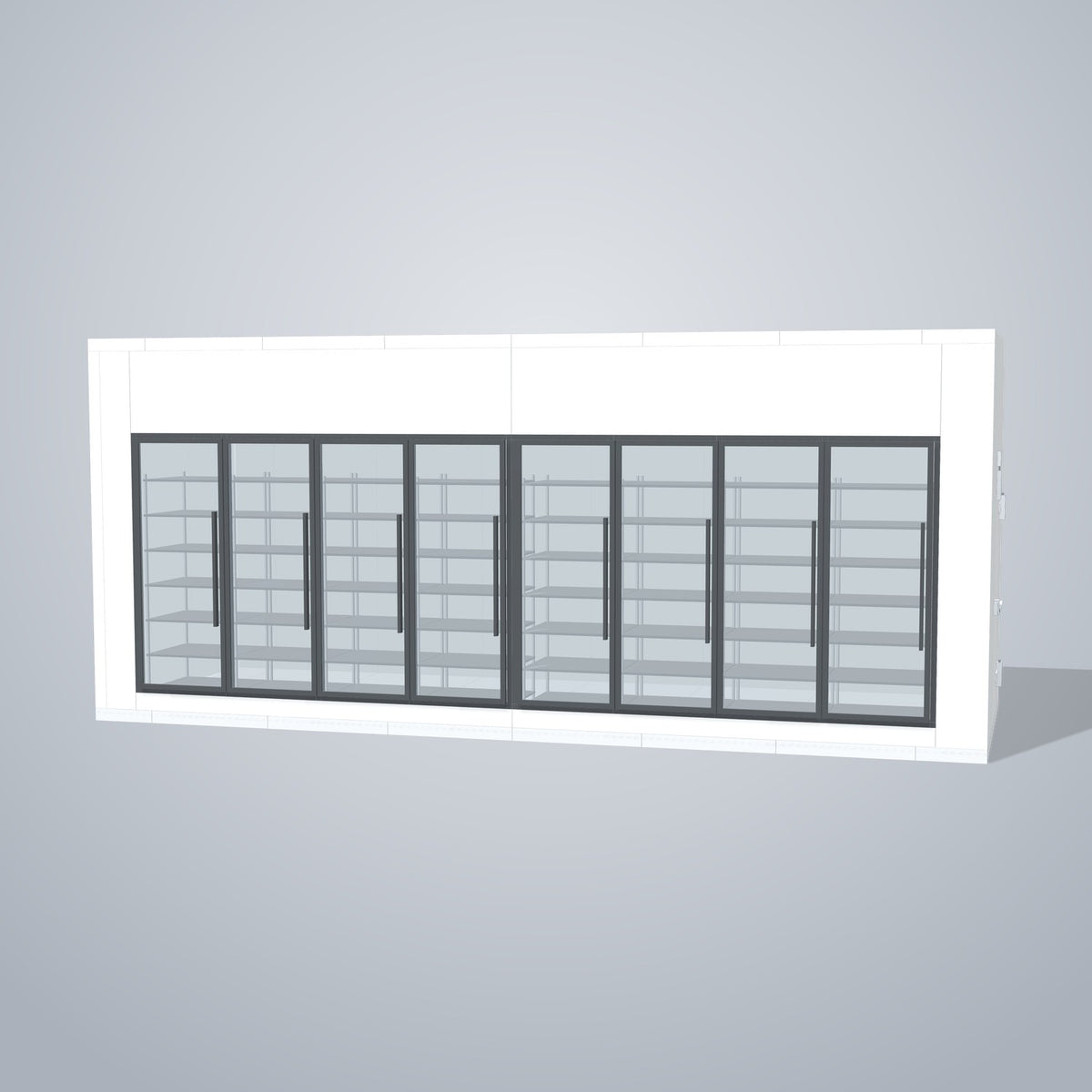 Astra HFWF8X23-S30F8-RM 8' x 23' Walk-In Freezer with Floor, 8 Glass Doors, front 3D view of the glass door wall