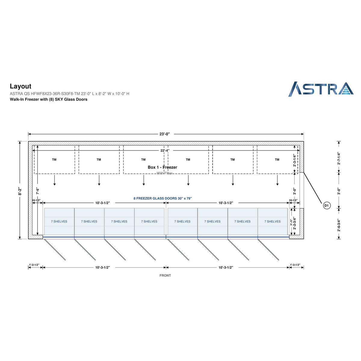 Astra HFWF8X23-S30F8-TM 8' x 23' Walk-In Freezer with Floor, 8 Glass Doors, floor plan layout drawing with glass door shelving