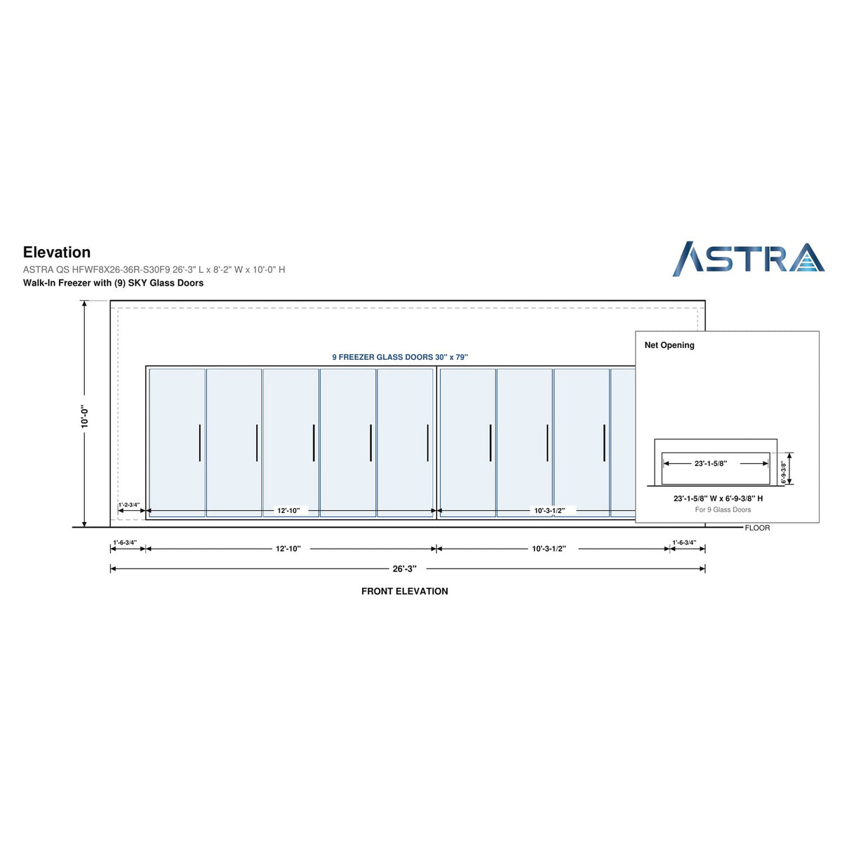 Astra HFWF8X26-S30F9 8' x 26' Walk-In Freezer with Floor, 9 Glass Doors, front elevation drawing with glass door net opening