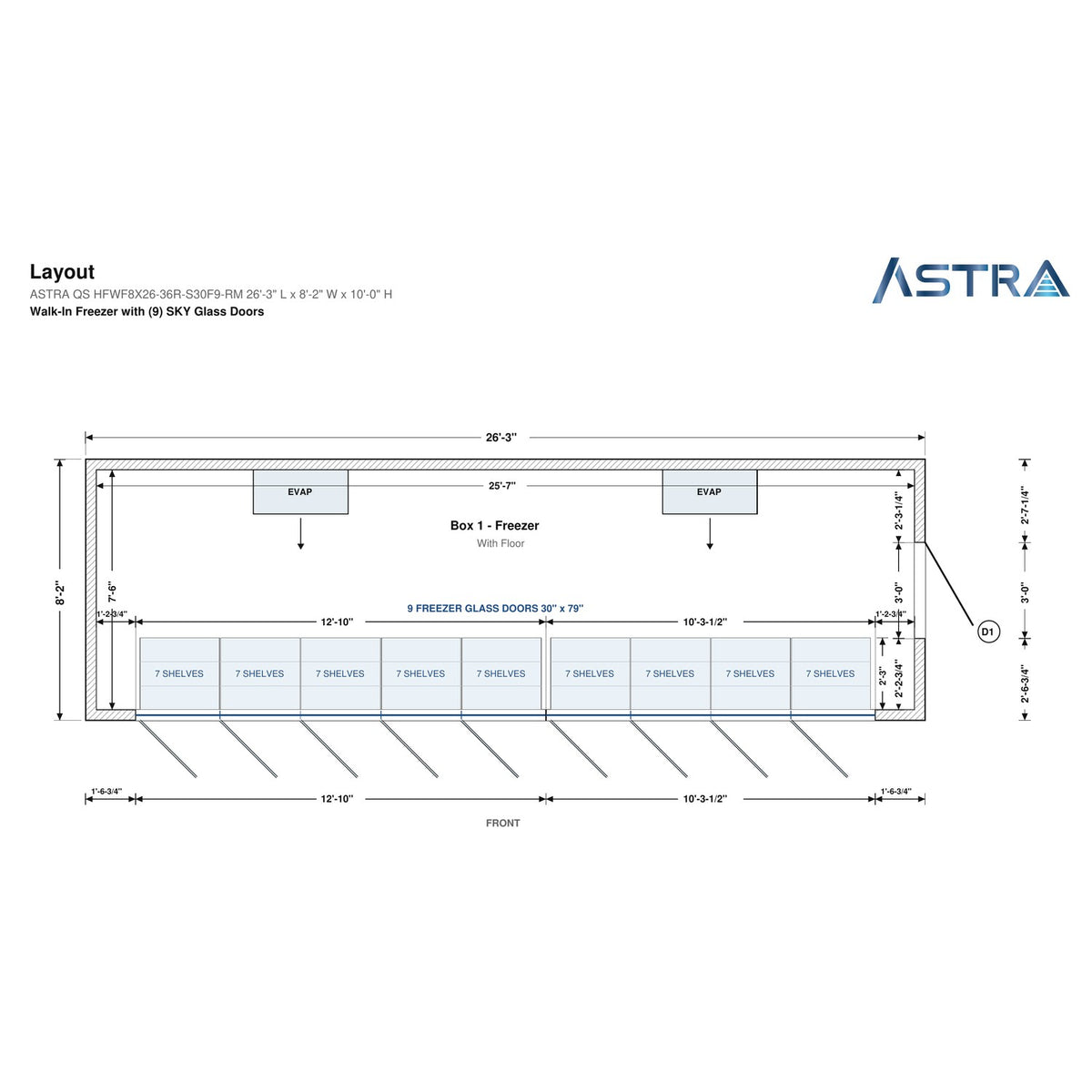 Astra HFWF8X26-S30F9-RM 8' x 26' Walk-In Freezer with Floor, 9 Glass Doors, floor plan layout drawing with glass door shelving