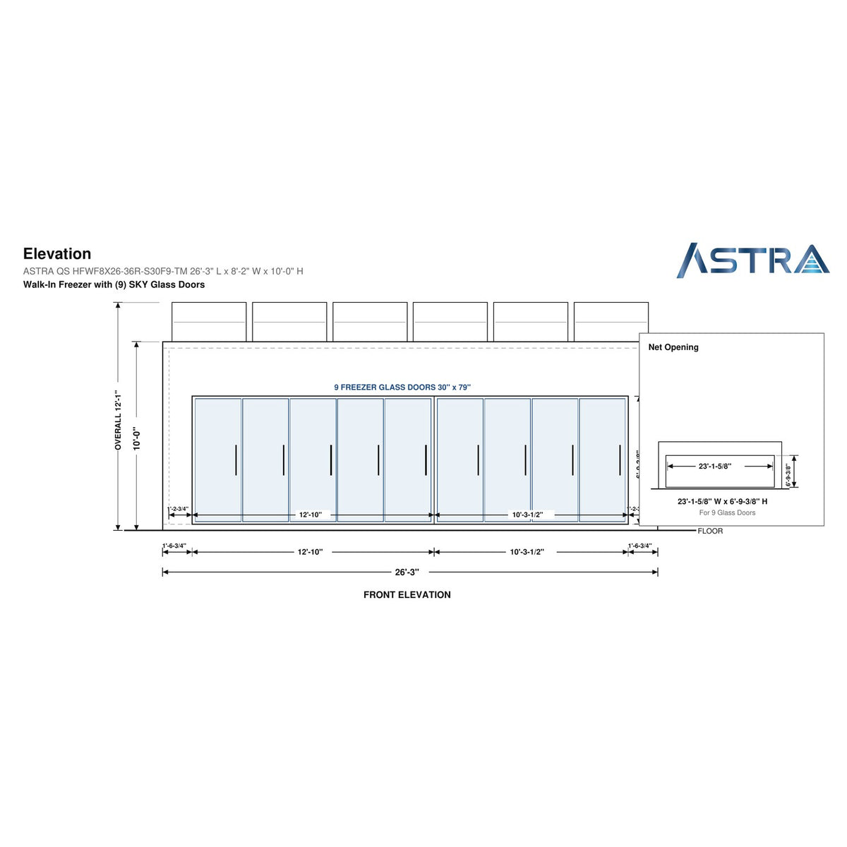 Astra HFWF8X26-S30F9-TM 8' x 26' Walk-In Freezer with Floor, 9 Glass Doors, front elevation drawing with glass door net opening