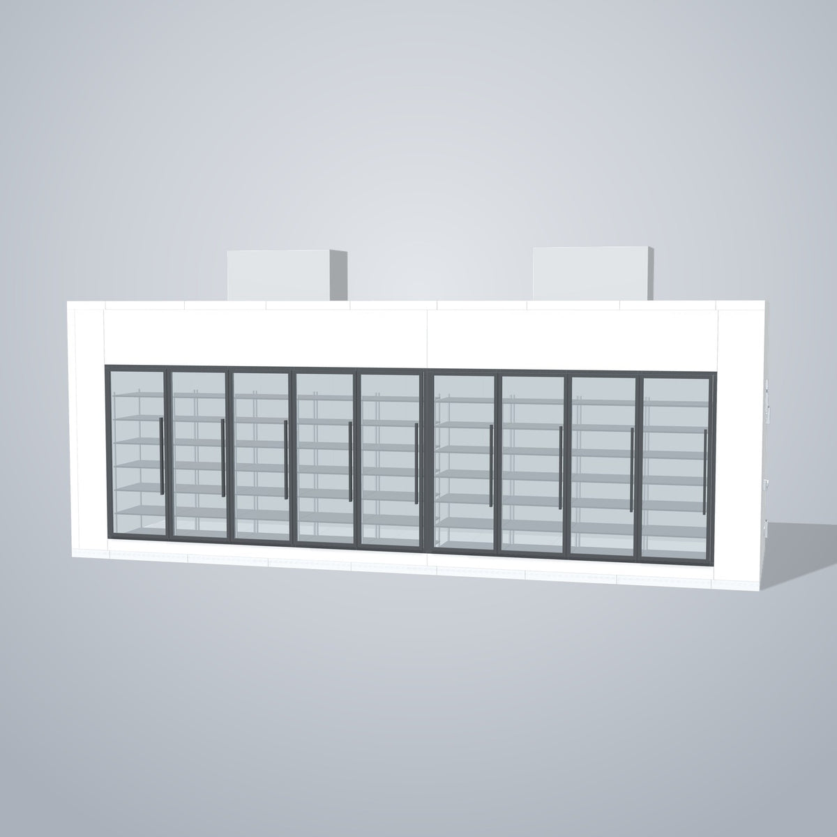 Astra HFWF8X26-S30F9-TM 8' x 26' Walk-In Freezer with Floor, 9 Glass Doors, front 3D view of the glass door wall