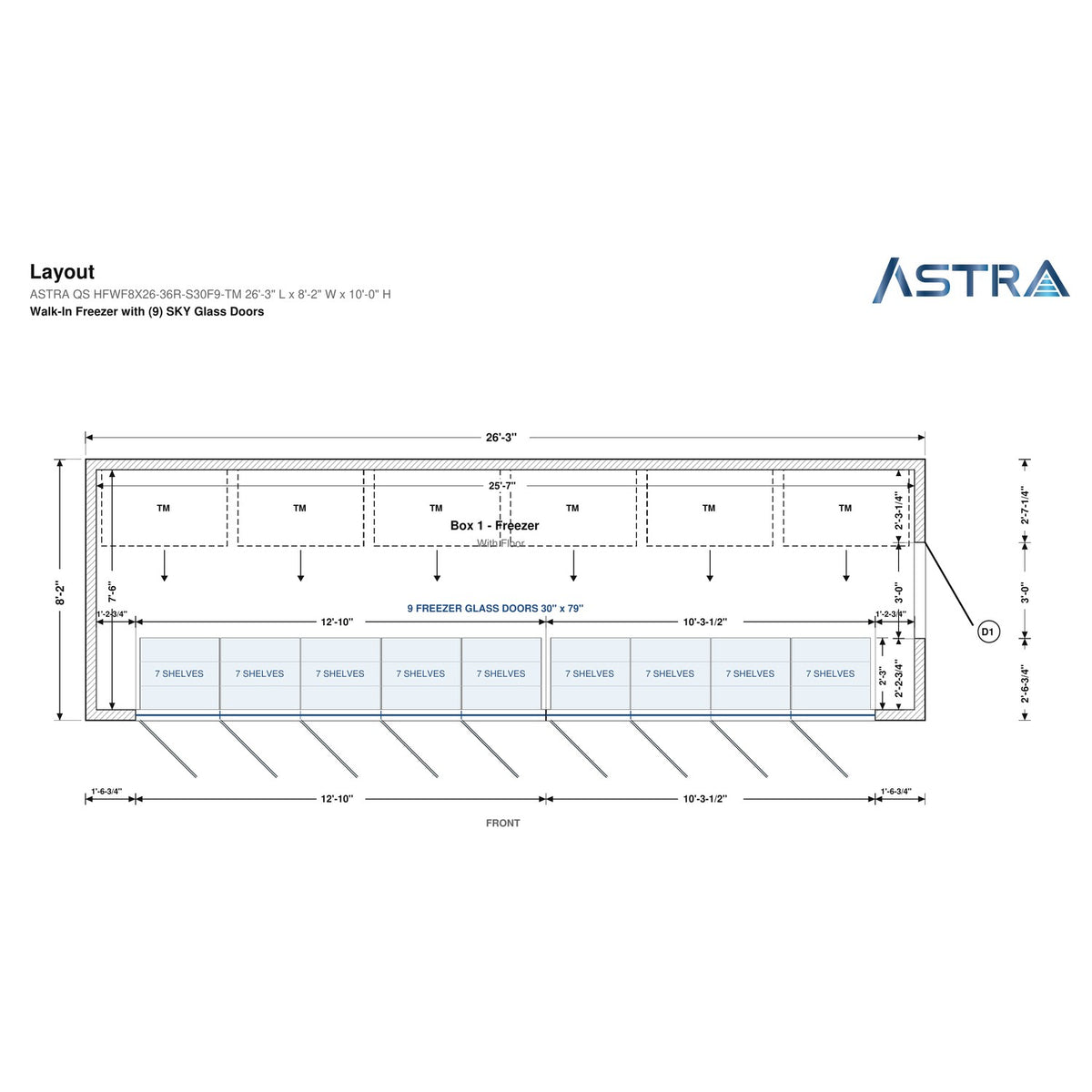 Astra HFWF8X26-S30F9-TM 8' x 26' Walk-In Freezer with Floor, 9 Glass Doors, floor plan layout drawing with glass door shelving