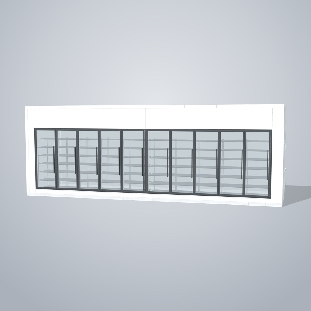 Astra HFWF8X28-S30F10 8' x 28' Walk-In Freezer with Floor, 10 Glass Doors, front 3D view of the glass door wall