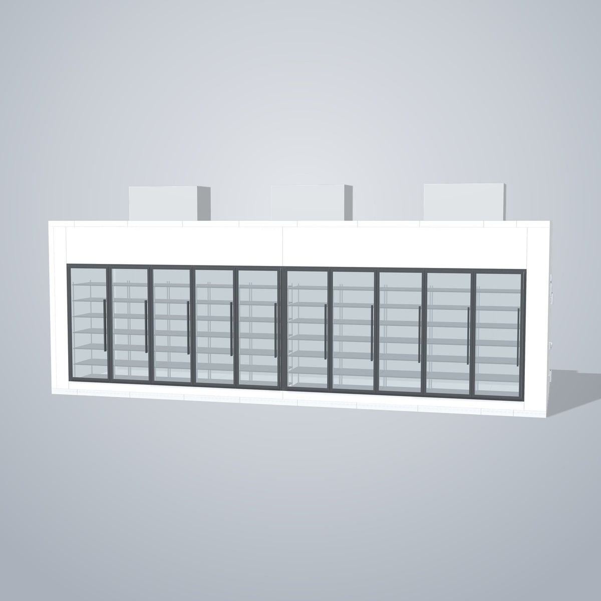 Astra HFWF8X28-S30F10-TM 8' x 28' Walk-In Freezer with Floor, 10 Glass Doors, front 3D view of the glass door wall