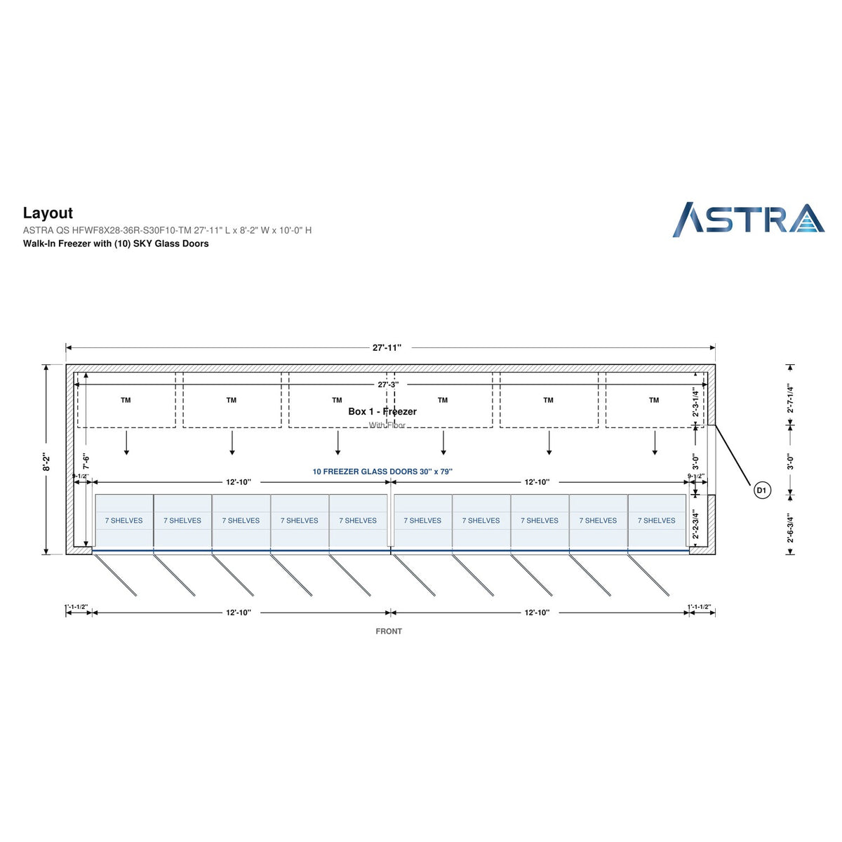 Astra HFWF8X28-S30F10-TM 8' x 28' Walk-In Freezer with Floor, 10 Glass Doors, floor plan layout drawing with glass door shelving