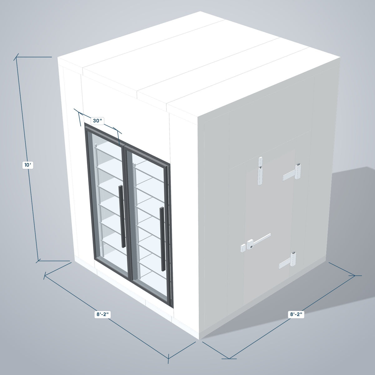 Astra HFWF8X8-S30F2-RM 8' x 8' Walk-In Freezer with Floor, 2 Glass Doors, 3D view with outside dimensions