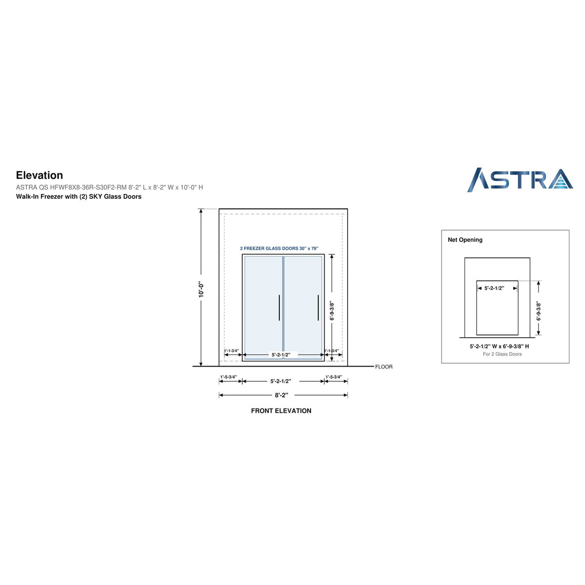 Astra HFWF8X8-S30F2-RM 8' x 8' Walk-In Freezer with Floor, 2 Glass Doors, front elevation drawing with glass door net opening