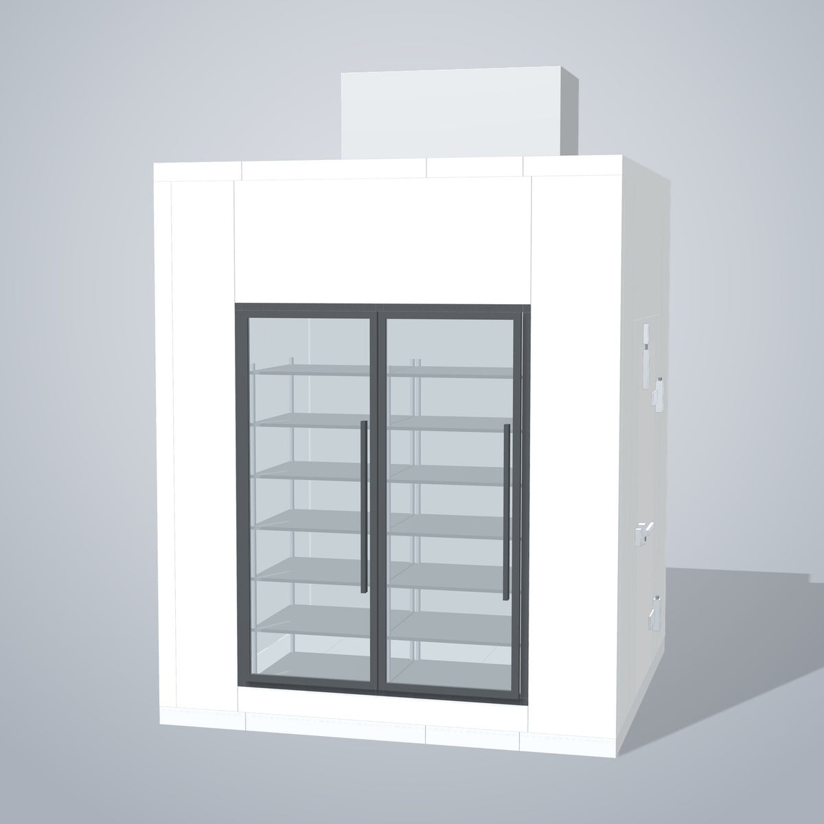 Astra HFWF8X8-S30F2-TM 8' x 8' Walk-In Freezer with Floor, 2 Glass Doors, front 3D view of the glass door wall