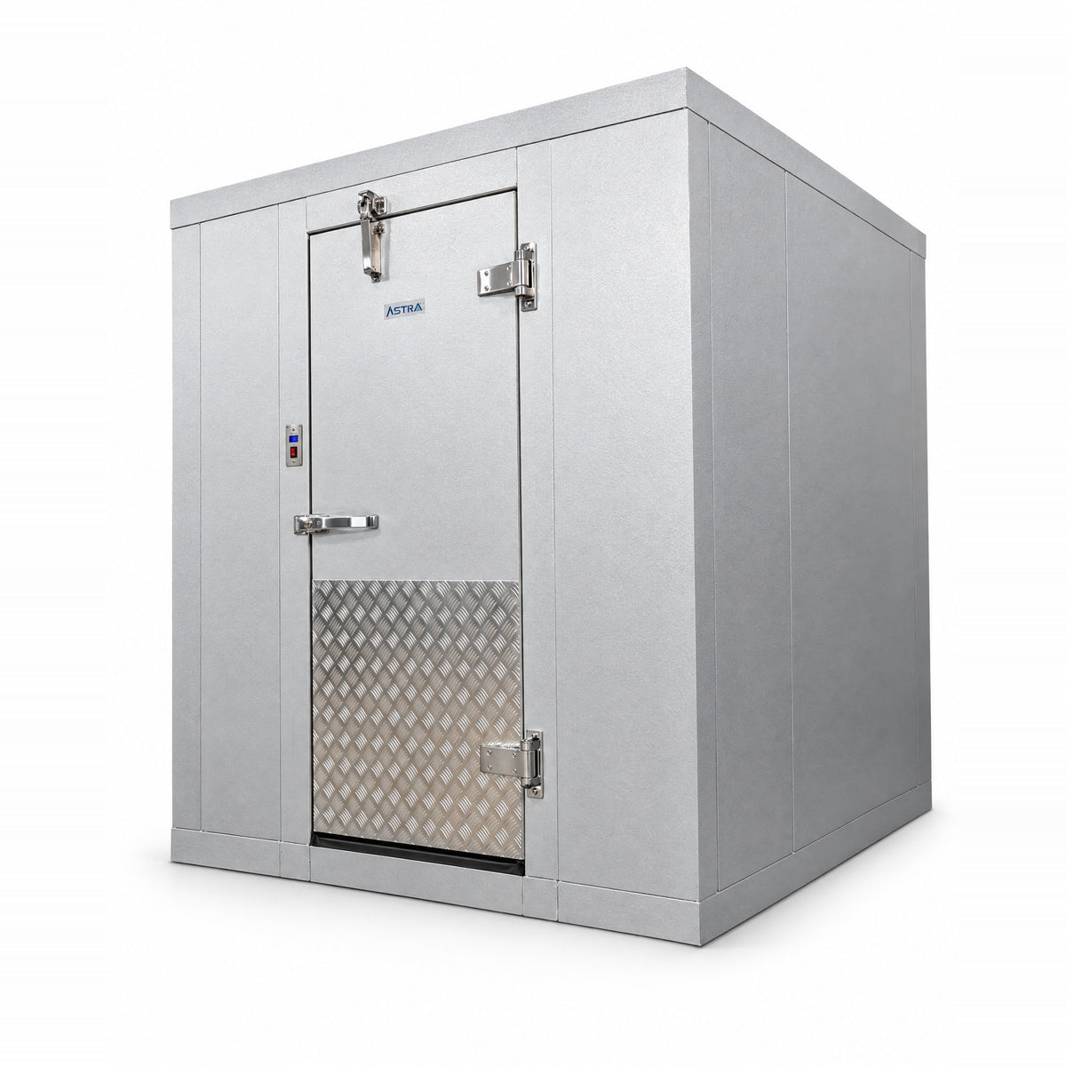 Astra Premium walk-in, front three-quarter view, textured aluminum finish, door with diamond plate kick plate