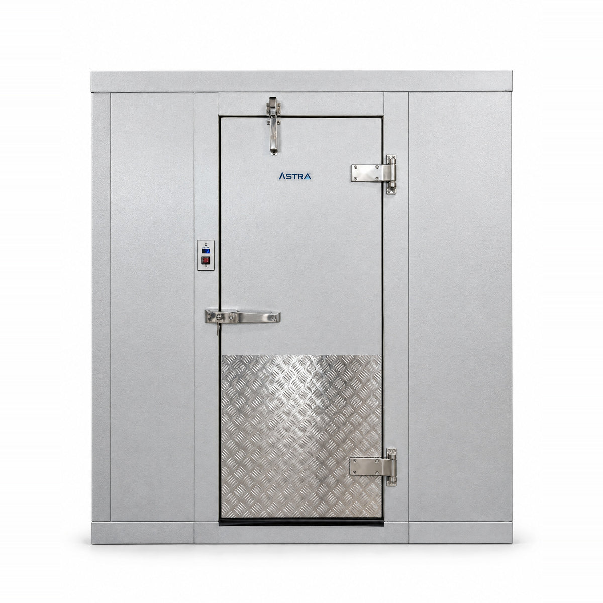 Astra Premium walk-in, front view, door closed, with digital temperature display and keyed handle